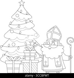Mit Geschenkboxen gestaltete süße Nikolaus- oder Sinterklaas-Zeichentrickfigur „Putting A Star on Christmas Tree“. Handgezeichnete Vektorgrafik Stock Vektor