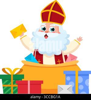 Niedliche Figur des Heiligen Nikolaus oder Sinterklaas mit Einem Buchstaben in Einem Sack voller Geschenke. Vektorabbildung Flache Konstruktion Stock Vektor
