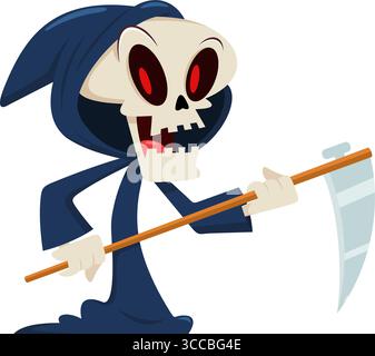 Netter Halloween Grim Reaper Skelett Cartoon Charakter mit Einem Scythe Vektor Illustration flaches Design isoliert auf transparentem Hintergrund Stock Vektor