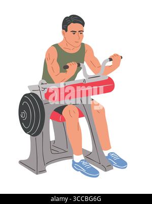 Flacher Stil Vektor eines Mannes, der Bizeps auf einem Kraftgerät im Fitnessstudio ausübt. Armtraining, Bodybuilding, Fitnesstraining, isolierte weiße Hintergrundbilder Stock Vektor