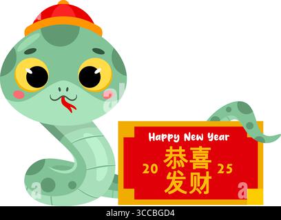 Niedliche Chinesische Neujahrsschlange Cartoon-Figur Mit Rotem Schild Und Text Happy New Year 2025. Vektorabbildung Flache Konstruktion Stock Vektor