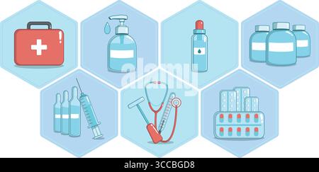 Sechseckiges medizinisches Icon Set erste-Hilfe-Set, Desinfektionsspender, Sprühflasche, Medikamentengläser, Ampullen mit Spritze, Diagnosewerkzeuge, Blisterpackungen Flach Stock Vektor