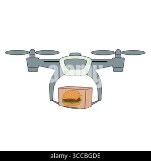 Eine einfache Vektor-Illustration einer Drohne, die eine Take-Out-Box mit einem Burger trägt, zeigt einen modernen und futuristischen Ansatz bei der Lieferung von Lebensmitteln. Stock Vektor