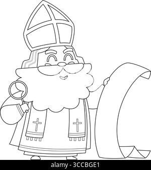 Eine hübsche Figur aus dem Heiligen Nikolaus oder Sinterklaas, die Eine Papierrolle mit Weihnachtswünschen liest. Handgezeichnete Vektorgrafik Stock Vektor