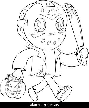 Der niedliche Jason-Mörder-Cartoon-Charakter geht mit Kürbis Candy Basket und hält Eine blutige Machete. Handgezeichnete Vektorgrafik Stock Vektor