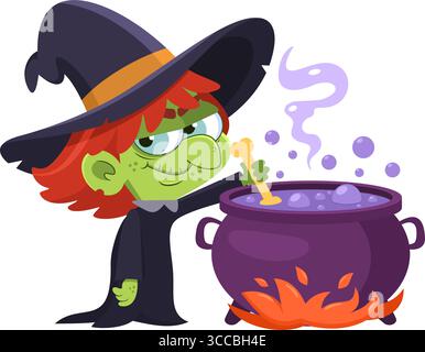 Niedliche Halloween-Hexe-Cartoon-Figur, die Einen Trank in Einem Kessel vorbereitet. Vektorabbildung Flache Konstruktion Isoliert Auf Transparentem Hintergrund Stock Vektor