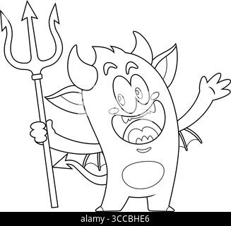 Die niedliche Figur des Halloween Devil Cartoon hält Eine Pitchfork hoch. Handgezeichnete Vektor-Illustration Isoliert Auf Transparentem Hintergrund Stock Vektor
