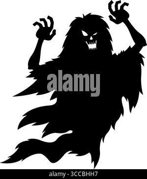 Gruselige Halloween Ghost Black Silhouette. Handgezeichnete Vektor-Illustration Isoliert Auf Transparentem Hintergrund Stock Vektor