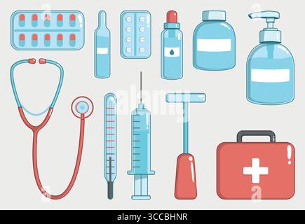 Medizinische Instrumente Apotheke Zubehör flache Vektor Icons Stethoskop, Spritze, Thermometer, Ampulle, Sprühflasche, Pumpspender, Arzneimittelflasche, zwei Stock Vektor