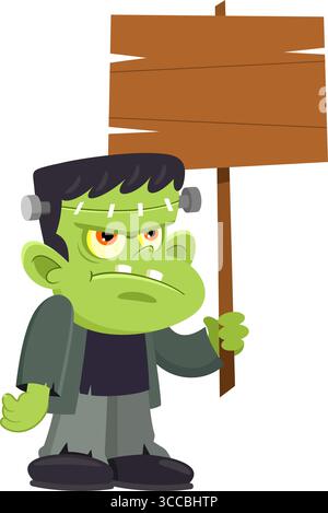 Niedliche Halloween-Frankenstein-Cartoon-Figur mit Einem leeren hölzernen Schild. Vektorabbildung Flache Konstruktion Isoliert Auf Transparentem Hintergrund Stock Vektor