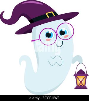 Niedliche Halloween-Geister-Zeichentrickfigur mit Hexenhut, der fliegt und Eine beleuchtete Laterne hält. Vektorabbildung Flache Konstruktion Stock Vektor