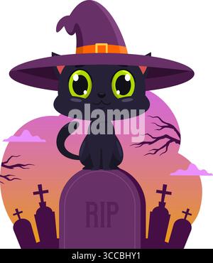 Niedliche Halloween Hexe Black Cat Cartoon Figur sitzt auf Grabstein auf Einem Friedhof. Vektorabbildung Flache Konstruktion Stock Vektor