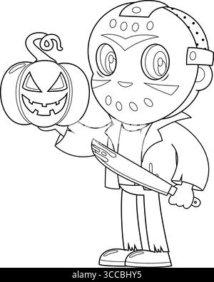 Der süße Jason-Mörder-Cartoon-Charakter zeigt Halloween Jack O'Lantern Kürbis und hält Eine blutige Machete. Handgezeichnete Vektorgrafik Stock Vektor