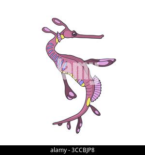 Hand gezeichneter lila Zeichentrick Seadragon isoliert auf weißem Hintergrund Vektor Illustration Stock Vektor