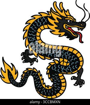 Eine lebendige Illustration eines Drachen mit einem geschwungenen Körper und verschiedenen Farben in Schwarz, Gelb und Orange. Der Drache hat einen heftigen Ausdruck, Witz Stock Vektor
