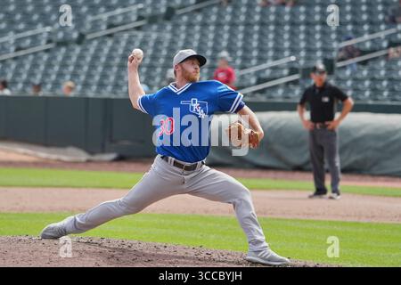 20. August 2023: Oklahoma City Pitcher Jake Reed (19) wirft während des Spiels mit den Oklahoma City Dodgers und Salt Lake Bees einen Platz im Smiths Field in Salt Lake UT. David Seelig/Cal Sport Medi (Bild: © David Seelig / Cal Sport Media/CSM via ZUMA Press Wire) Stockfoto