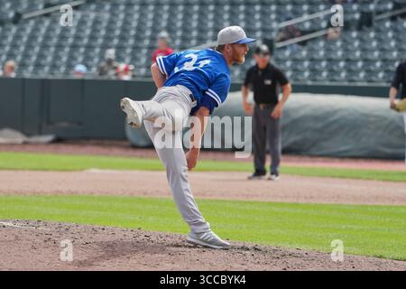 20. August 2023: Oklahoma City Pitcher Jake Reed (19) wirft während des Spiels mit den Oklahoma City Dodgers und Salt Lake Bees einen Platz im Smiths Field in Salt Lake UT. David Seelig/Cal Sport Medi (Bild: © David Seelig / Cal Sport Media/CSM via ZUMA Press Wire) Stockfoto