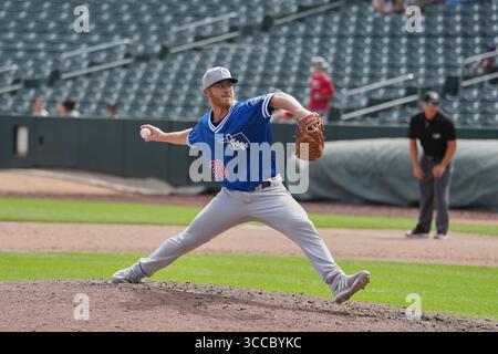 20. August 2023: Oklahoma City Pitcher Jake Reed (19) wirft während des Spiels mit den Oklahoma City Dodgers und Salt Lake Bees einen Platz im Smiths Field in Salt Lake UT. David Seelig/Cal Sport Medi (Bild: © David Seelig / Cal Sport Media/CSM via ZUMA Press Wire) Stockfoto