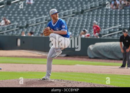 20. August 2023: Oklahoma City Pitcher Jake Reed (19) wirft während des Spiels mit den Oklahoma City Dodgers und Salt Lake Bees einen Platz im Smiths Field in Salt Lake UT. David Seelig/Cal Sport Medi (Bild: © David Seelig / Cal Sport Media/CSM via ZUMA Press Wire) Stockfoto