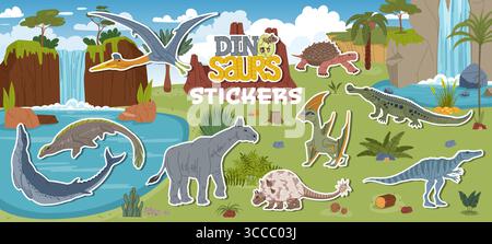Aufkleber mit prähistorischen Dinosaurierfiguren. Ausgestorbene Doedicurus, Indricotherium, Baryonyx und Sarkosushus, Carbonemys, quetzalcoatlus Land- und Wasserdinosaurier, prähistorische Aufkleber im Regenwald Stock Vektor