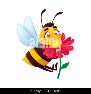 Cartoon lustige süße Bienenfigur oder Honigbiene in Liebe mit Blume, Vektorinsekten. Lustige Comic-Biene oder Hummel mit glücklichem Gesicht und Herzen in den Augen umarmen Gartenblume für Kinder süßes Insektenmaskottchen Stock Vektor