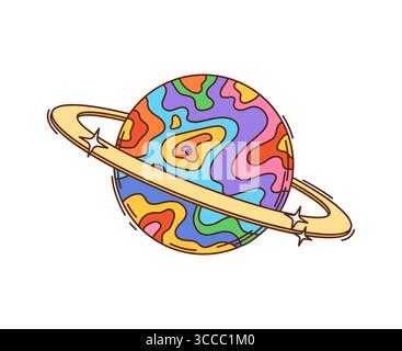 Hippie Saturn Planet Retro Groovy Symbol. Space Fantasy Alien Galaxie, Solar System Planet groovy 60s Vektor Symbol, Hippie 80s Objekt. Farbenfroher Saturn-Cartoon-Vintage-Aufkleber oder funky Retro-Ikone Stock Vektor