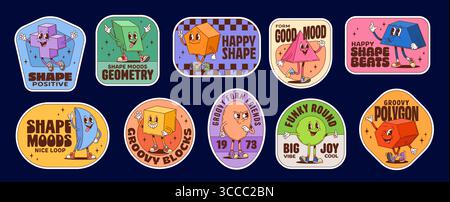 Set mit groovigen Weihnachtsaufklebern in Mathe-Form. Geometrische Formen von Vektor-Retro-Cartoons mit verspielten Emotionen und Typografie, die Positivität, Spaß und Groove in einer schrulligen, nostalgischen y2k-Atmosphäre fördern Stock Vektor