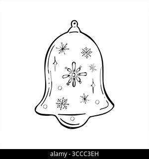 Dekorative hölzerne Glocke mit Schneeflocken in gerader Stil Vektor-Illustration gemalt von schwarzen Tinten. Handgezeichnete einfarbige Xmas-Elementgrafik Stock Vektor