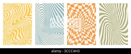 Psychedelische groovige Retro-Hintergründe mit Muster abstrakter Wellen-Wirbel, trendiges Vektor-Design. Grooviges Muster aus psychedelischen, welligen Wirbeln im Funky- oder Hippie- und Vintage-Stil mit flüssigem Muster Stock Vektor