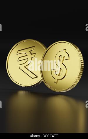 Goldene Münzen mit Dollar- und Rupienzeichen auf vertikaler Komposition. 3D-Abbildung. Stockfoto