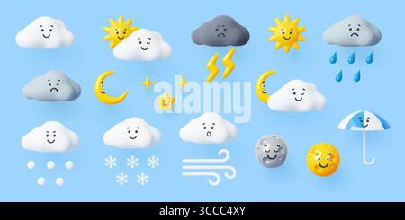 3D Wetter Charaktere, Cartoon Vektor Icon Set mit fröhlichen und traurigen Wolken, Sonne, Mond, Sterne, Blitz, Schnee, Regen und Wind mit ausdrucksstarken Gesichtern. Lustige Persönlichkeiten für Wettervorhersage-Apps Stock Vektor