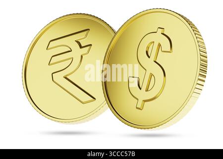 Goldene Münzen mit Dollar- und Rupienschild isoliert auf weißem Hintergrund. 3D-Abbildung. Stockfoto