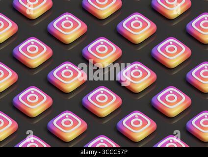 Buenos Aires, Argentinien; 11. August 2025: Isometrisches nahtloses Muster des Instagram-Logos. 3D-Abbildung. Stockfoto