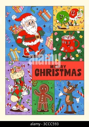Collage-Poster mit Weihnachtsfiguren mit Cartoon Santa Claus, Rentieren, Ornamenten, Geschenken, heißem Kakao, Zuckerstangen und Lebkuchenmann festliche Persönlichkeiten, die den Weihnachtsgeist feiern Stock Vektor
