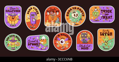 Halloween groovige Label Aufkleber mit gruseligen Charakteren und Comic-Monstern, Vektor-Set. Groovige Halloween-Aufkleber für Horror-Feiertage und Trick-or-Treat-Party mit Hexen, Sarg und Buh-Kürbis Stock Vektor