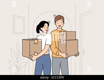 Ein Paar arbeitet zusammen und arbeitet zusammen, um Kisten in ihr neues Zuhause zu verschieben. Stock Vektor