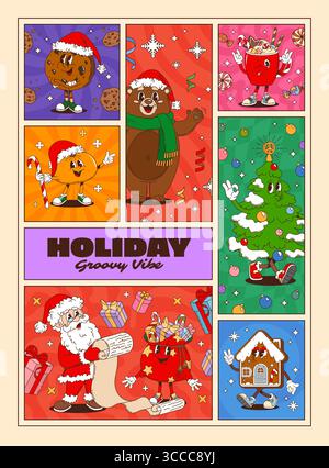 Weihnachtsfiguren auf groovigen Weihnachtsplakaten. Festliche Comic Vektor Collage mit fröhlichem Weihnachtsmann, Keksen, Ornamenten, Weihnachtsbaum und Kakaobecher, alle tragen Weihnachtsmann-Hüte und tanzen freudig Stock Vektor