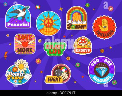 Groovige Label-Aufkleber, Hippie-Patches, psychedelische Vektor-Abzeichen Set mit Friedenssymbolen, Herzen, Regenbogen, Blumen, Pilzen, und positive Affirmationen mit auffälligen Retro-Farben, die von den 70er Jahren inspiriert wurden Stock Vektor