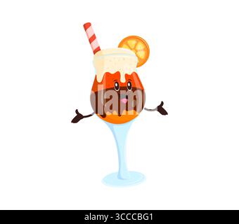 Cartoon süßer Cocktail Drink fröhlicher Charakter. Party tropischer Cocktail isoliert Vektor Charakter. Dessertgetränk mit Schlagsahne, Schokolade, Zitrusfrüchteglas, lustiger grooviger Charakter oder Maskottchen Stock Vektor