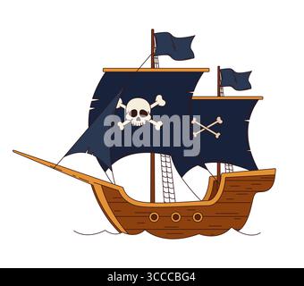 Cartoon grooviges Piratensegelschiff. Das Vektor-Retro-Korsair-Vintage-Schiff verfügt über dunkle Segel, die mit Fahnen, Schädel und Kreuzknochen verziert sind. Es erinnert an das y2k-Seevergnügen und das Geheimnis der Piratenlehre Stock Vektor