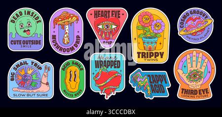 Hippie-groovige Label-Aufkleber mit trippischen Charakteren und lustigen psychedelischen Lächeln, Vektor-Set. Groovige Aufkleber mit Regenbogenschnecke und Blumen, funky Pilz mit sauren Farbtropfen und Herz mit Schlange Stock Vektor