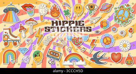 Retro-Set mit groovigen Hippie-Stickern. UFO-Untertasse, Rollschuhe, schmelzende Emoji-Gesichts- und Friedens-Hippie-Symbole, psychedelische Pilze, Kassette, Regenbogen und Auge lustige 80er Jahre groovige Vektor-Aufkleber oder Patches Stock Vektor