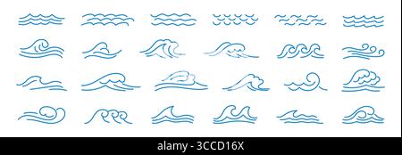 Sammlung von handgezeichneten Wellenlinien Seekurven Ikonen, Spritzern und nautischen Mustern. Minimale Vektorgrafik mit gewellten und Zickzack-Formen, perfekt für mari Stock Vektor