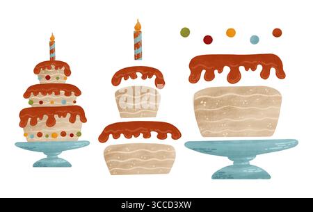 Kuchen mit einer Kerze oder einem Cupcake - ein Designerbauer, isolierte Elemente auf weißem Hintergrund. Eine Aquarellillustration in Pastellfarben Stockfoto