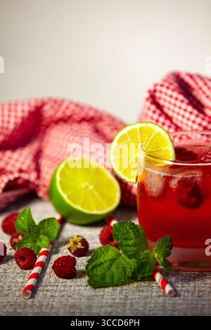 Erfrischendes Beerengetränk im vertikalen Format, mit Früchten und Kräutern auf Gingham-Tuch. Nahaufnahme. Stockfoto