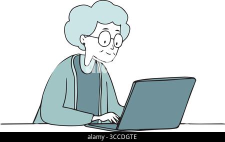 Sitzende ältere Frau mit Brille, die am Laptop am Schreibtisch arbeitet. Isolierte handgezeichnete Vektordarstellung. Cartoon-Stil, flaches Design. Fernarbeit, Untersuchung Stock Vektor