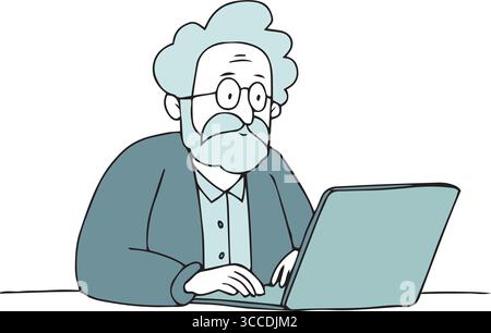 Älterer Mann mit Brille und Bart, der am Schreibtisch am Laptop arbeitet. Isolierte handgezeichnete Vektordarstellung. Cartoon-Stil, flaches Design. Fernarbeit, Untersuchung Stock Vektor
