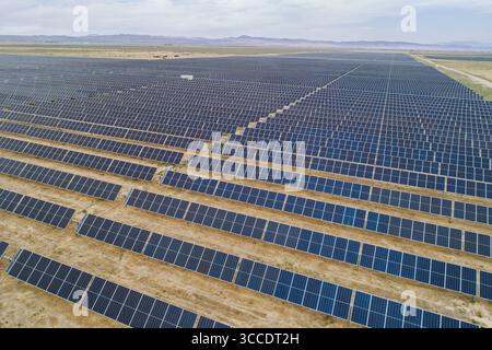 Das Bild zeigt ein großes Feld von Solarpaneelen Stockfoto