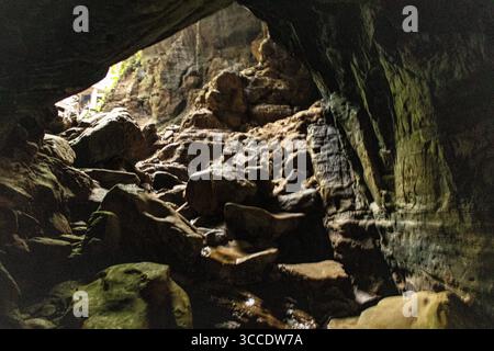 Eingang der Alutila-Höhle umgeben von Wald Stockfoto