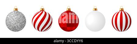 Weihnachtskugel auf isoliertem Hintergrund, rote Kugeln Sammlung mit Mustern, weiße und silberne Glitzer Dekoration, Discokugel Vektor Ornament Stock Vektor